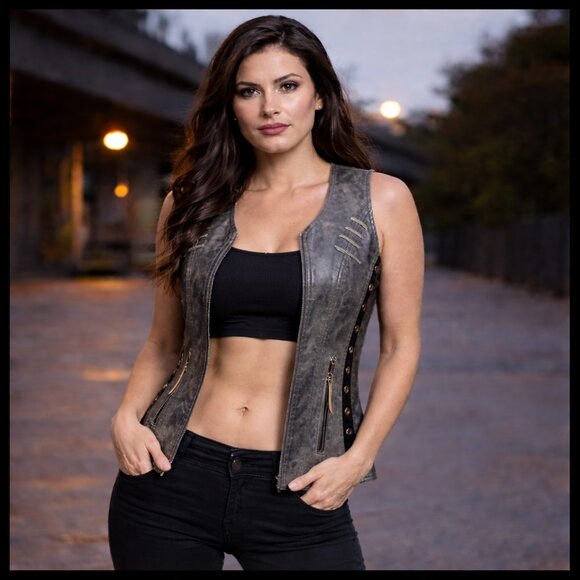 Jackets & Blazers - Ladies Lightweight Distressed Gray Leather Vest with Grommeted Twill and Lace